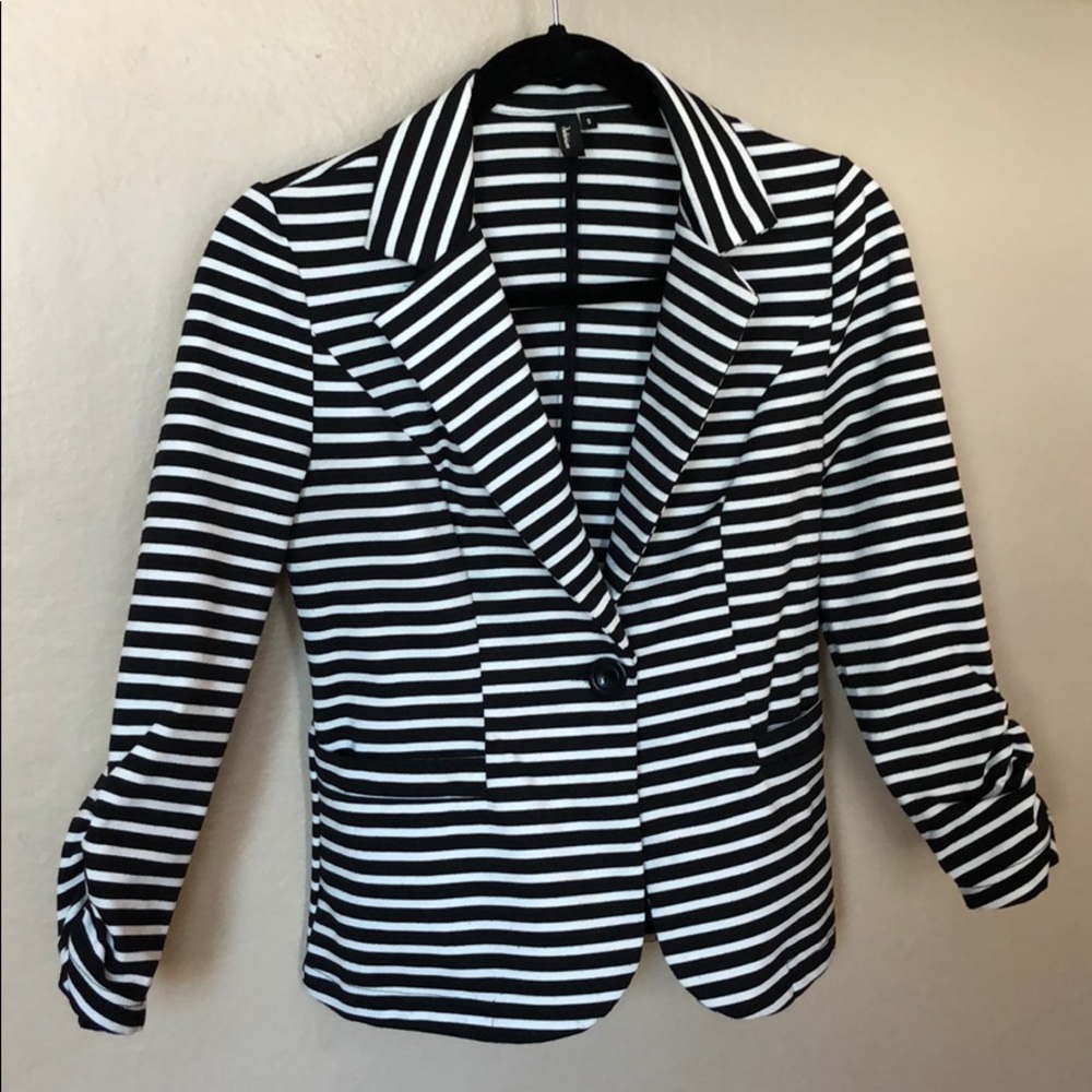 Black and white striped one button blazer